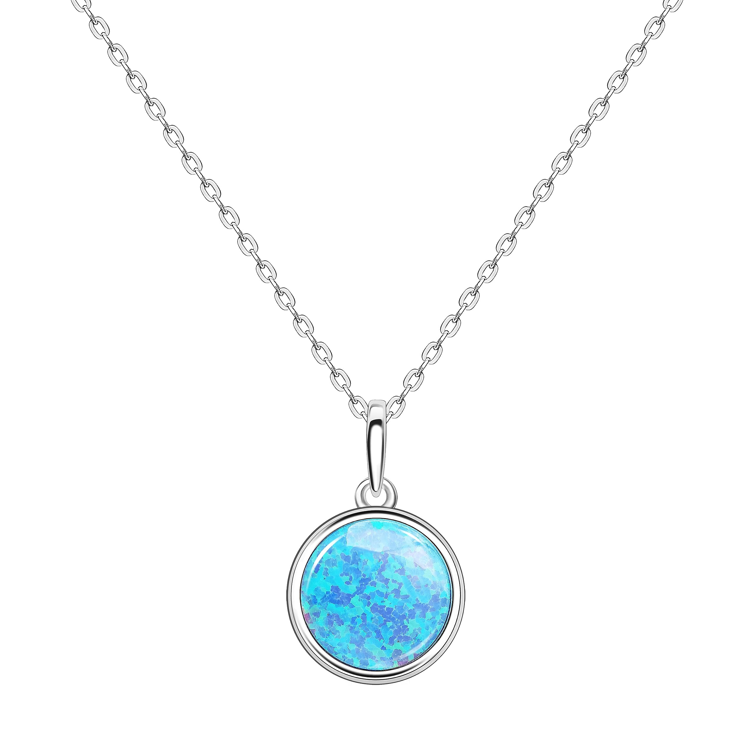 KristLand S925 Silver Necklace with Opal Simple Design Delicate Round Pendant for Women Girlfriend Wife Daughter Gift Box Blue Opal — image 1