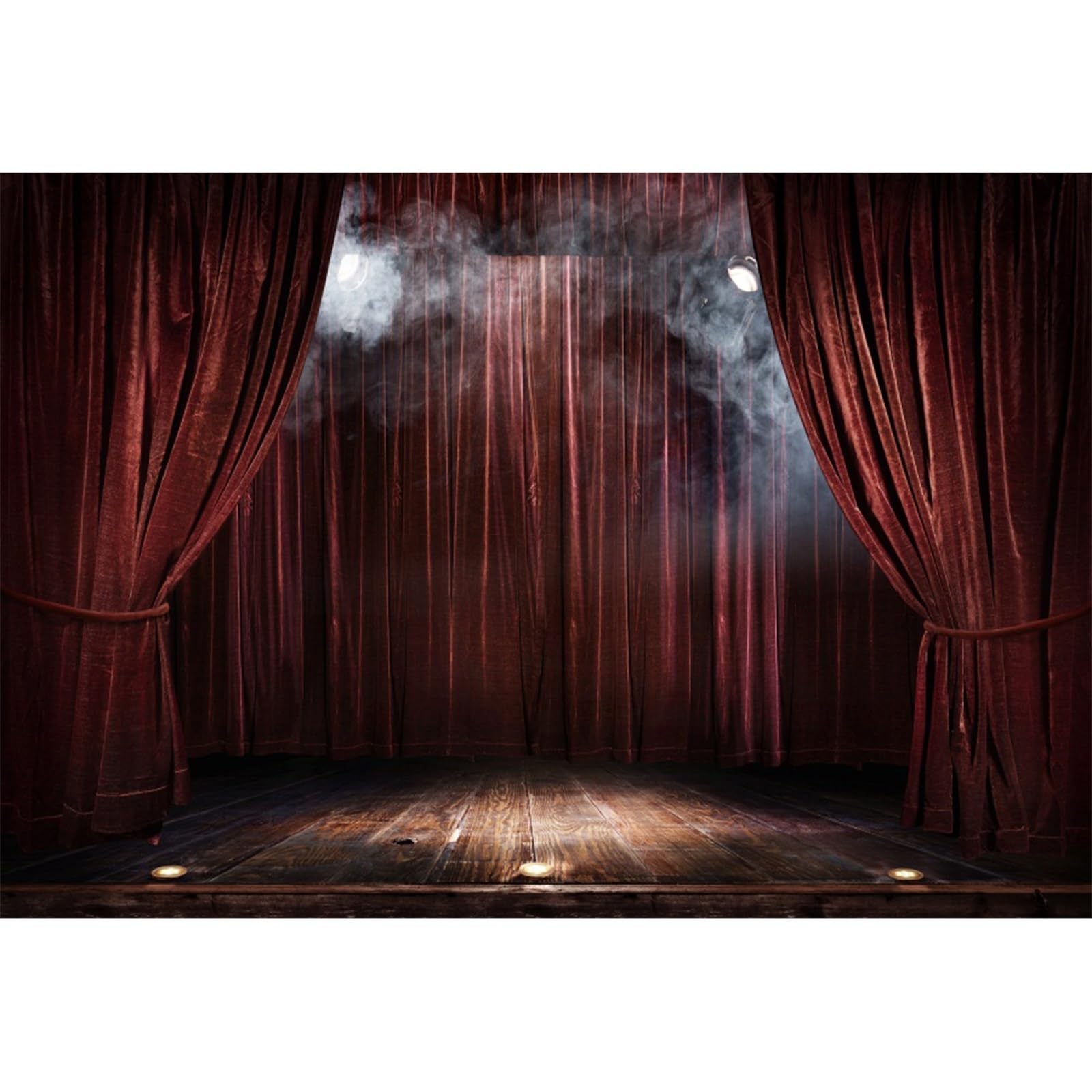 YongFoto 12x8ft Vinyl Stage Scenes Photo Backdrop Brown Curtain Wood Floor Smoky Spotlight Magic Theater Stage for Party Event Photography Video Film Photoshoot Background Studio Props Wallpaper