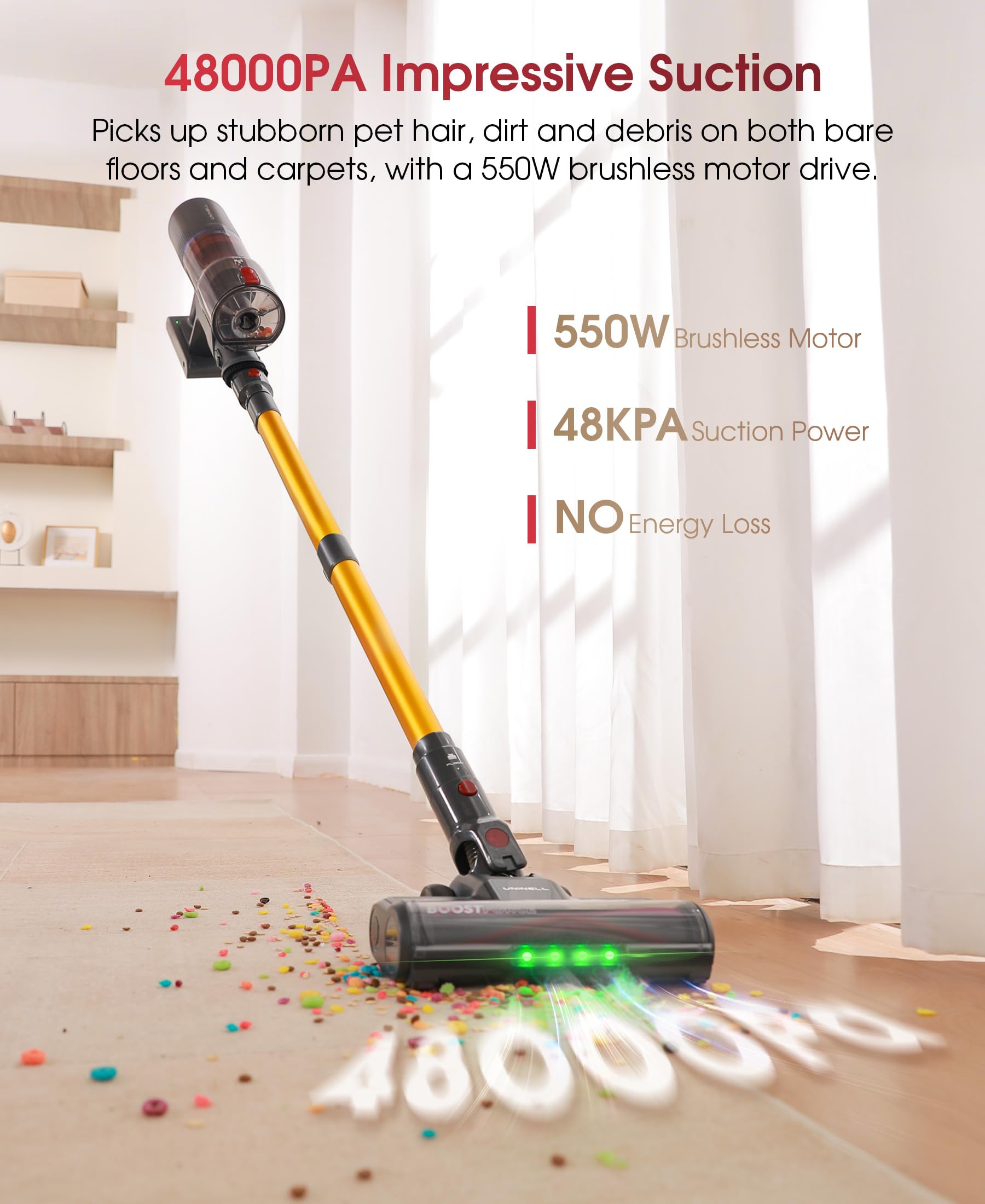 UNINELL HOME Cordless Rechargeable Vacuum Cleaner with Wall Mount Charging, 48Kpa 550W 65Mins for Home, Anti-Tangle Stick Vacuum Self-Standing for Pet Hair/Carpet