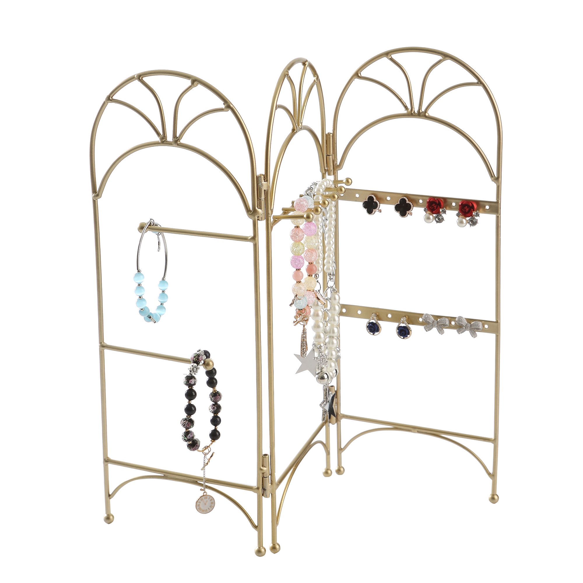 Modern Gold Metal 3 Panel Trellis Folding Jewelry Hanger Organizer for Bracelet, Earrings, Necklace