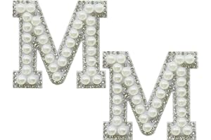 SOYCEV 2PCS White Pearl Iron on Letter Patches Rhinestone Letter Patches Sequin Letter Patches Sparkly Letter Patches for Backpacks Clothing (M)