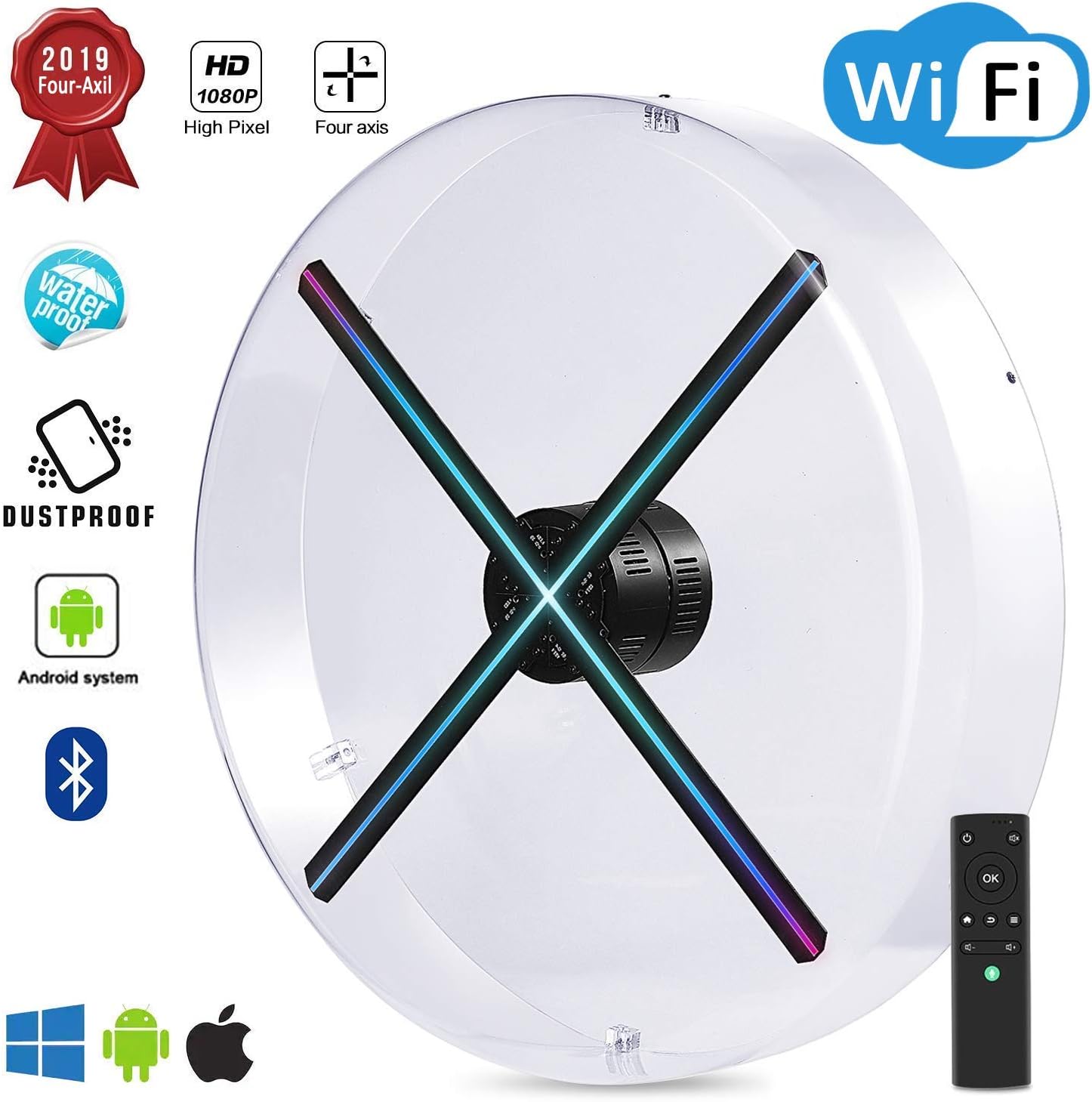 2019 Premium 3D Hologram Fan ，Four-Axil Design Hologram Projector , Android Smart Operating System ,Holographic Advertising Fan Upload by APP /TF Card/Cloud Serve ，Support WiFi+Bluetooth