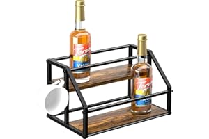 HOMEDAWN Coffee Syrup Rack Organizer, Syrup Bottle Holder Stand for Coffee Bar, 2-Tier 8 Bottles Storage Shelves for Syrup, Wine, Dressing for Kitchen Countertop, Rustic Brown & Black