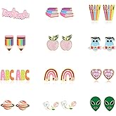 12 Pairs Teacher Stud Earrings for Women Back to School Earrings for Teens Girls Hypoallergenic Pencil Apple Book Earrings for Student Graduation Jewelry