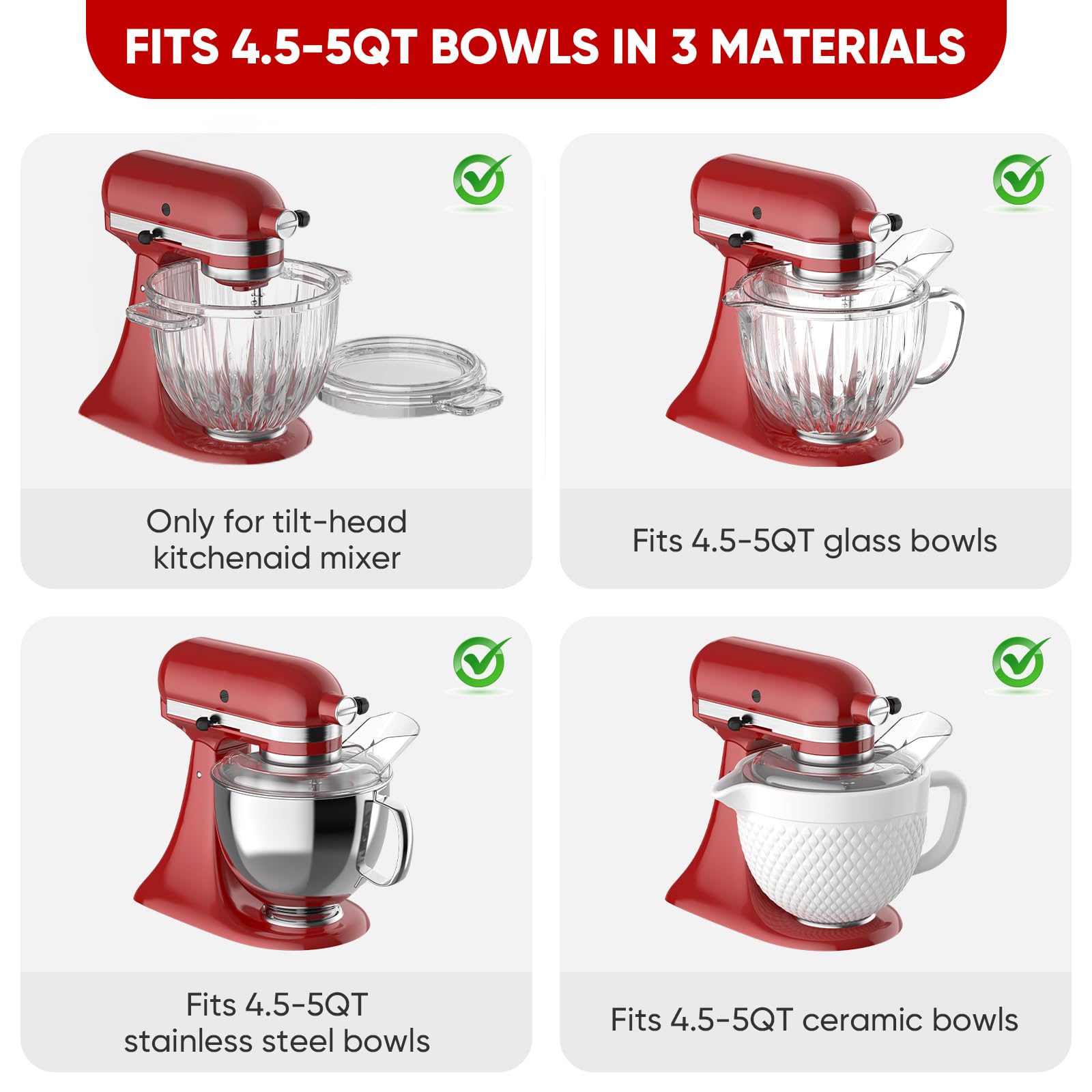 Pouring Shield for KitchenAid 4.5~5 Quart Tilt-Head Stand Mixer, Fits for KitchenAid 4.5~5QT Bowl(Stainless Steel, Glass and Ceramic), Attachment for Kitchenaid Mixers, Not Fit for Bowl Lift