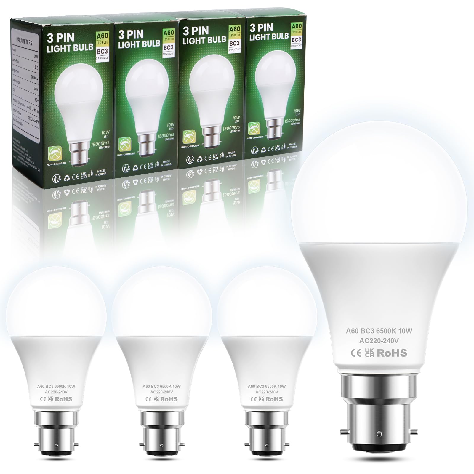 BrightArk BC3 3 Pin Light Bulbs,4 Pack 10W Energy Saving LED Light Bulb,75W Equivalent,15,000hrs Lifetime,Non Dimmable,6500k Cool White A60 LED Bulbs for Ceiling,Landing Light,Hallway