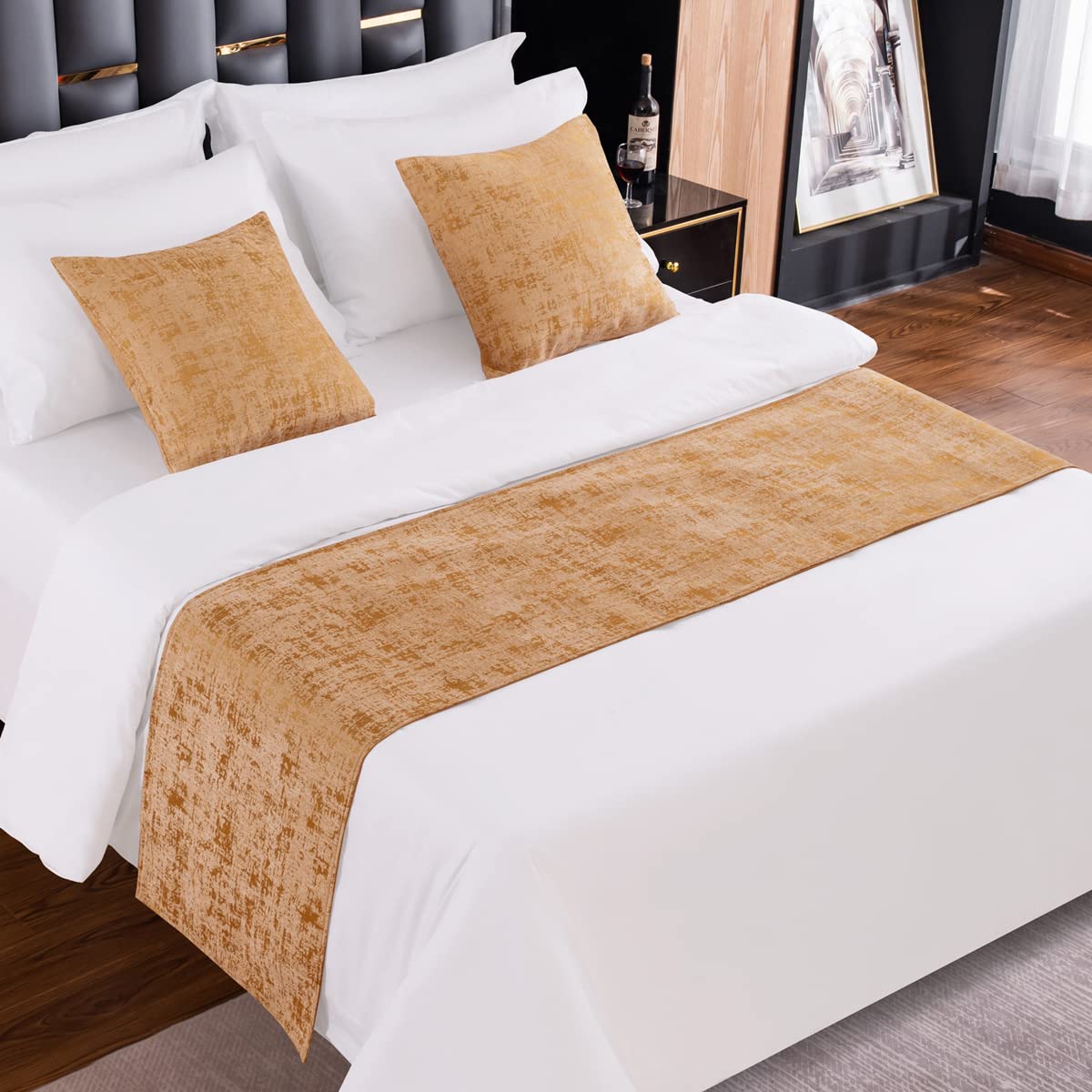 AMBERIS Bed Runner Golden, Chenille Soft No Fading Modern Bed Scarf (Pillowcases sold separately)