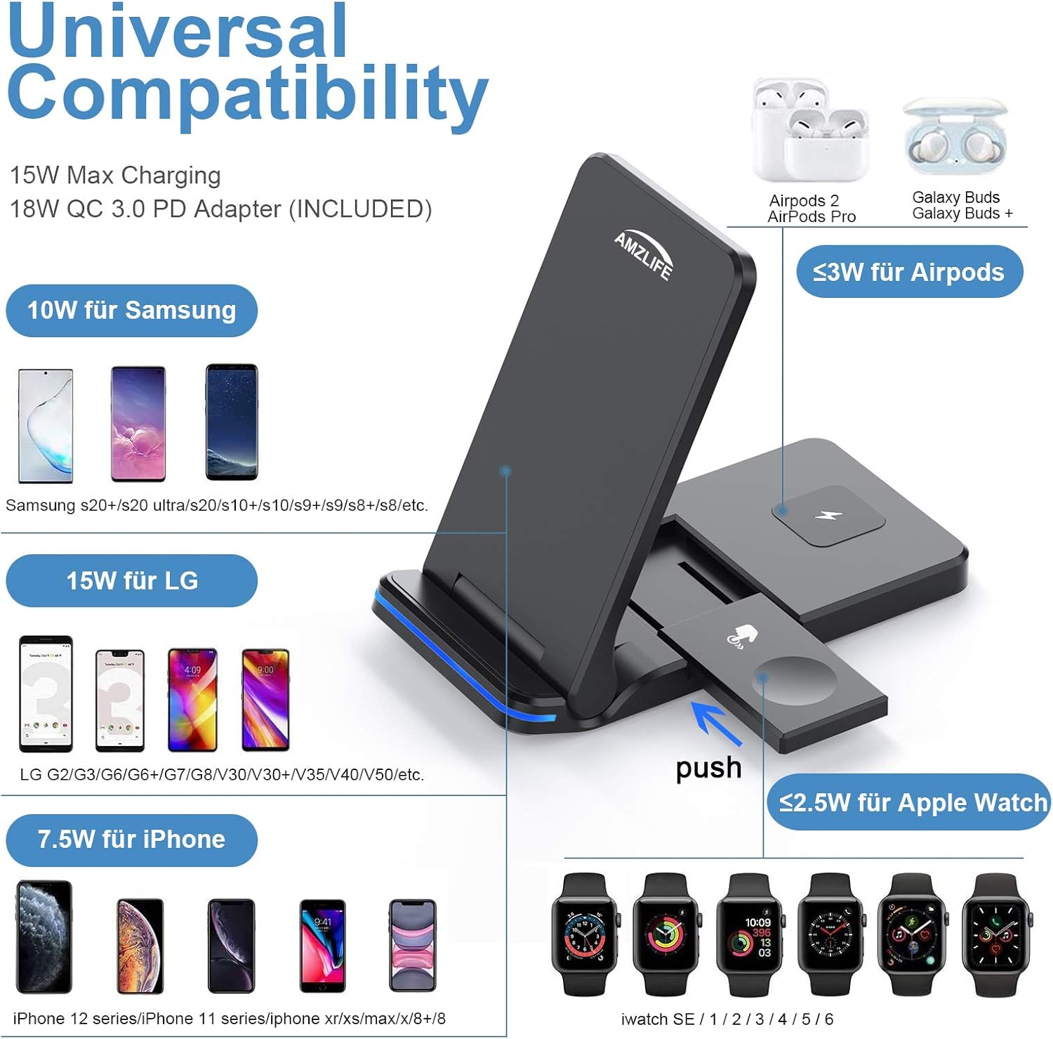 Wireless Charger Foldable Wireless Charging Station 15W 3 in 1 Qi Certified Fast Charger Stand for Apple Watch iPhone AirPods Samsung Galaxy Cell Phone with QC 3.0 Adapter: Electronics