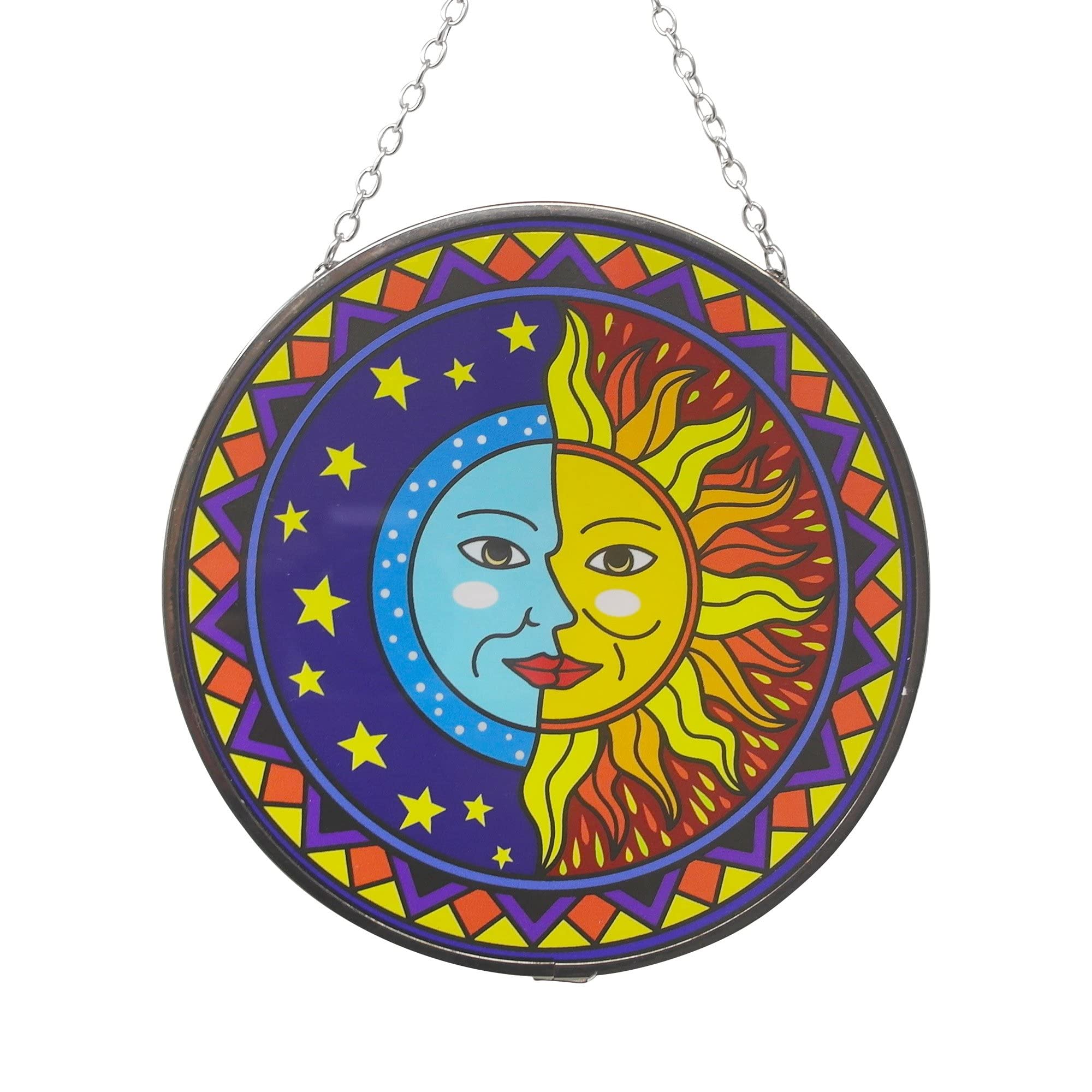 Sun and moon eclipse glass sun catcher with geometric border | 150mm diameter with chain for hanging | colour catcher | window decoration | perfect for conservatory | living rooms | garden