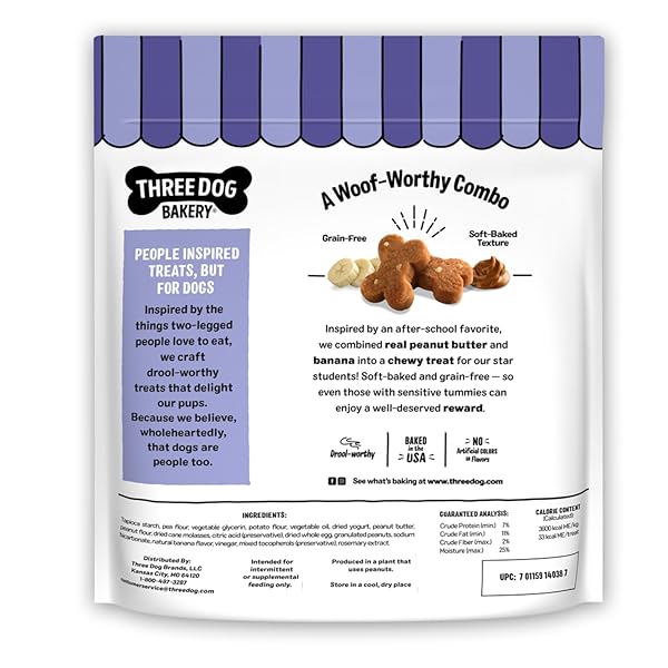 THREE DOG BAKERY GRAIN-FREE “WOOF”ERS, PEANUT BUTTER & BANANA FLAVOR – GRAIN-FREE DOG TREAT, COOKIES FOR DOG TRAINING TREATS, PUPPY TREATS WITH REAL INGREDIENTS