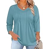 Romanstii Plus Size Tops for Women Womens 2026 Spring 3/4 Sleeve Blouses Dressy Casual V-Neck T-Shirts Pleated Tunic XL-5XL