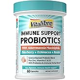 Vitalibre Akkermansia Probiotics for Women & Men, Immune Support Supplement, 16 Strains, with Prebiotics, Zinc, Vitamins C & D3, Moringa & Elderberry, Non-GMO, Digestive Support, 60 Capsules