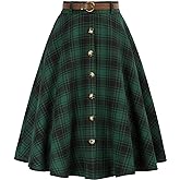Belle Poque Women's Plaid A-line Skirt Vintage Pleated Flared Midi Skirts Fall Winter Skirts with Pockets & Belts