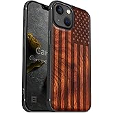 Carveit Magnetic Wood Case for iPhone 13 Case [Hard Real Wood & Soft TPU] Unique & Classy Wooden Shockproof Hybrid Protective Cover Compatible with MagSafe (American Flag-Rosy)