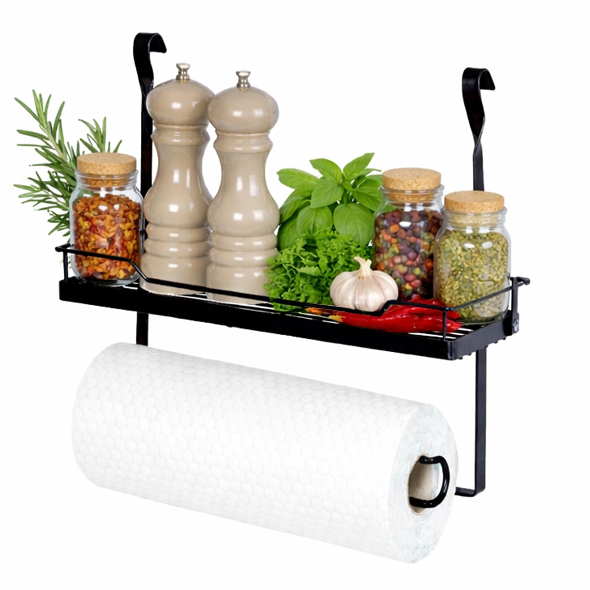 LIVIVO Hanging Storage Kitchen Shelf & Paper Towel Holder Saucepan Dish Plates Bowl Tumbler Glasses Utensil Cutlery Knives Pots Rack (Shelf & Paper Towel Holder, Black) — image 1