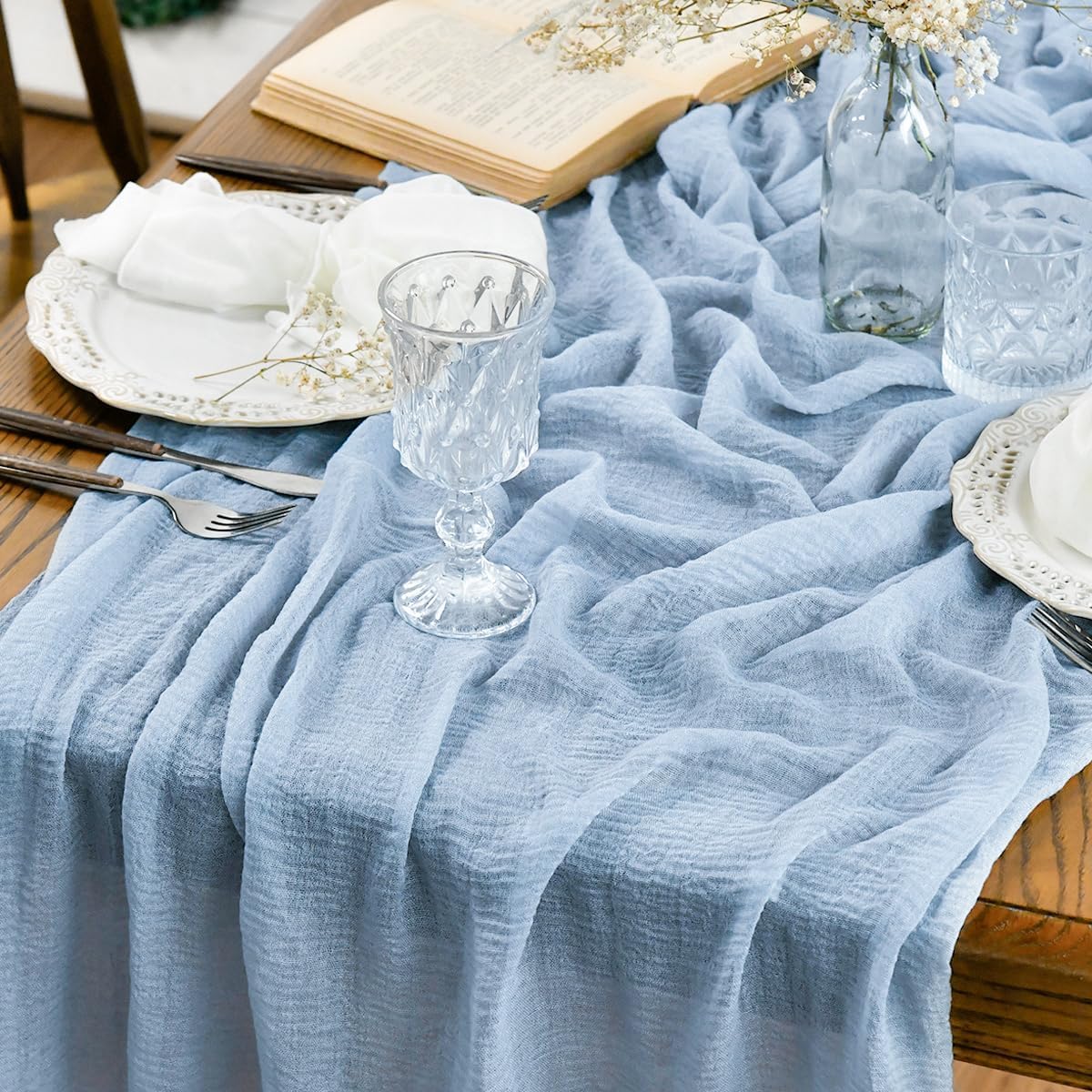 Artoid Mode Boho Sky Blue Wedding Gauze Wedding 300 cm Table Runner, Seasonal Fabric Kitchen Dining Holiday Table Decor for Home Party Indoor — image 1