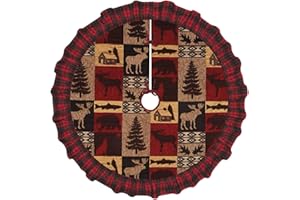 ENVEED Lodge Bear Deer Fish Rustic Faux Burlap Plaid Tree Skirt,Perfect Addition to Your Christmas Tree Decor