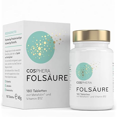 Folsäure Tabletten - Hochdosiert mit 800 ?g Folat (Metafolin) und 25 ?g Vitamin B12 pro Tablette - 180 vegane Tabletten im 6-