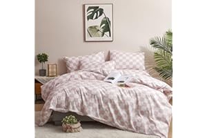 Houseri White and Pink Comforter Set Queen Plaid Baby Pink Checkerboard Comforter Bedding Sets Queen Size Girls Women Elegant Light Pink Grid Buffalo Checkered Bed Comforter Comfy Soft Pale Pink Queen