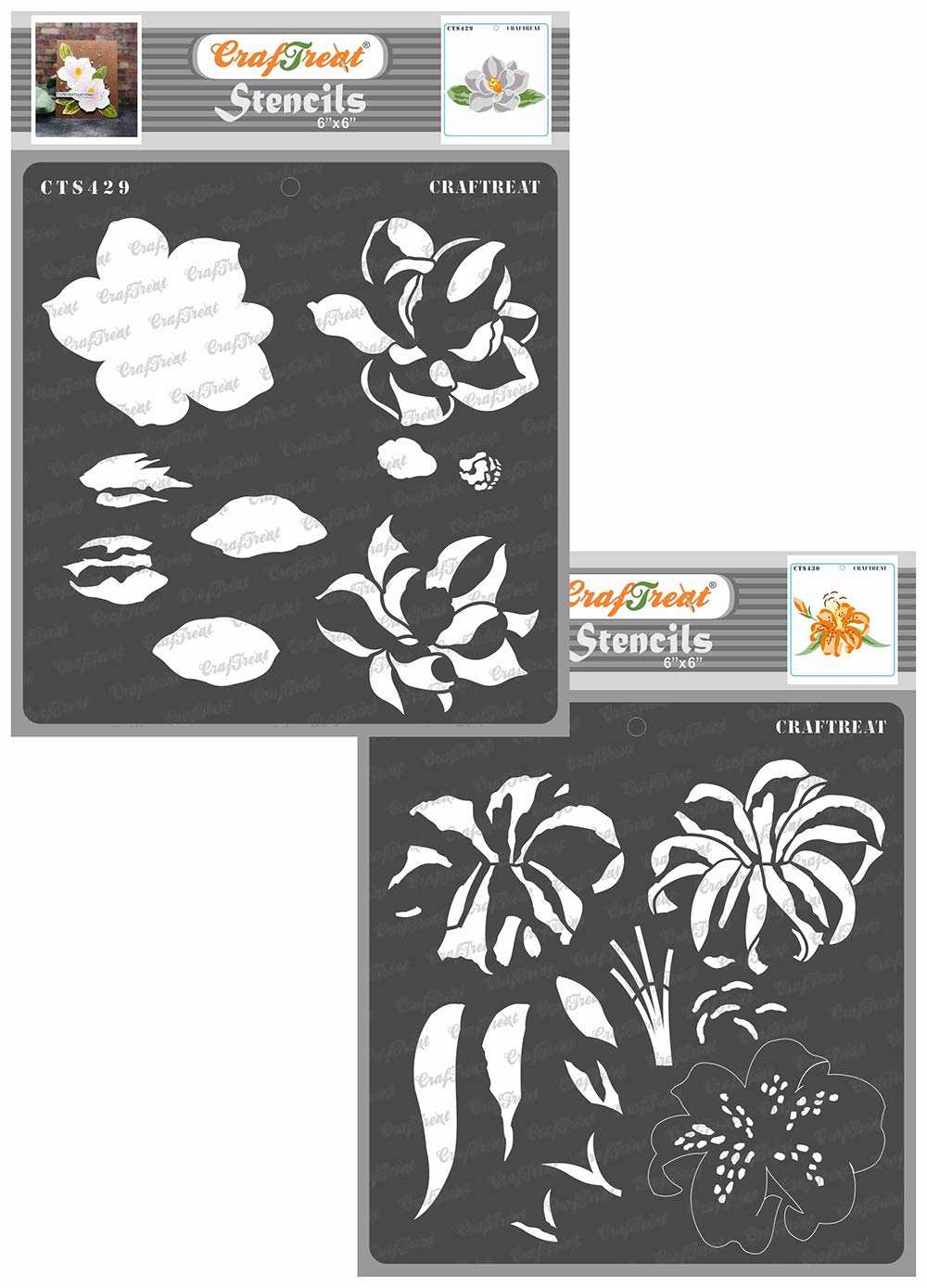 CrafTreat Reusable Flower Stencils for Painting on Wood - Magnolia and Tiger Lily (2 Pcs) -6x6 Inch Each - Layered Stencils for Painting on Canvas - Floral Stencils and Templates for Painting