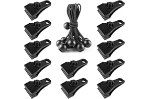 Large Tarp Clips Heavy Duty Lock Grip 12 PCs Tarp Clamps Thumb Screw Tent Fasteners Clips with 12 PCs Ball Bungee Cords for C
