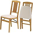 MECO Stakmore Simple Mission Wooden Folding Chairs with Padded Seats, Set of 2 - No Assembly Foldable Dining Chairs, Steel Folding Mechanism, Upholstered Cushion, Space-Saving, Cherry Frame