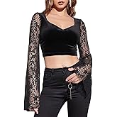 TSMNZMU Womens Gothic Crop Tops - Velvet Lace Long Sleeve V Neck Shirt - Dark Grunge Punk Style