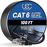 Ultra Clarity Cables Cat6 Ethernet Cable 100 FT 10Gbps Long Cable, Black | Outdoor Indoor High Speed, Gold Plated RJ45 LAN 500MHz Internet Cat6 Cable for Computer, Router, Modem, PS4 5, Xbox, Gaming