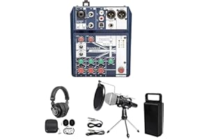 Soundcraft Notepad-5 Channel Podcast Mixer Podcasting Interface Bundle with Rockville PRO-M50 Studio Headphones, RMC-XLR Handheld Wired Mic and RTMS21 Desktop Tripod Mic Stand with Pop Filter