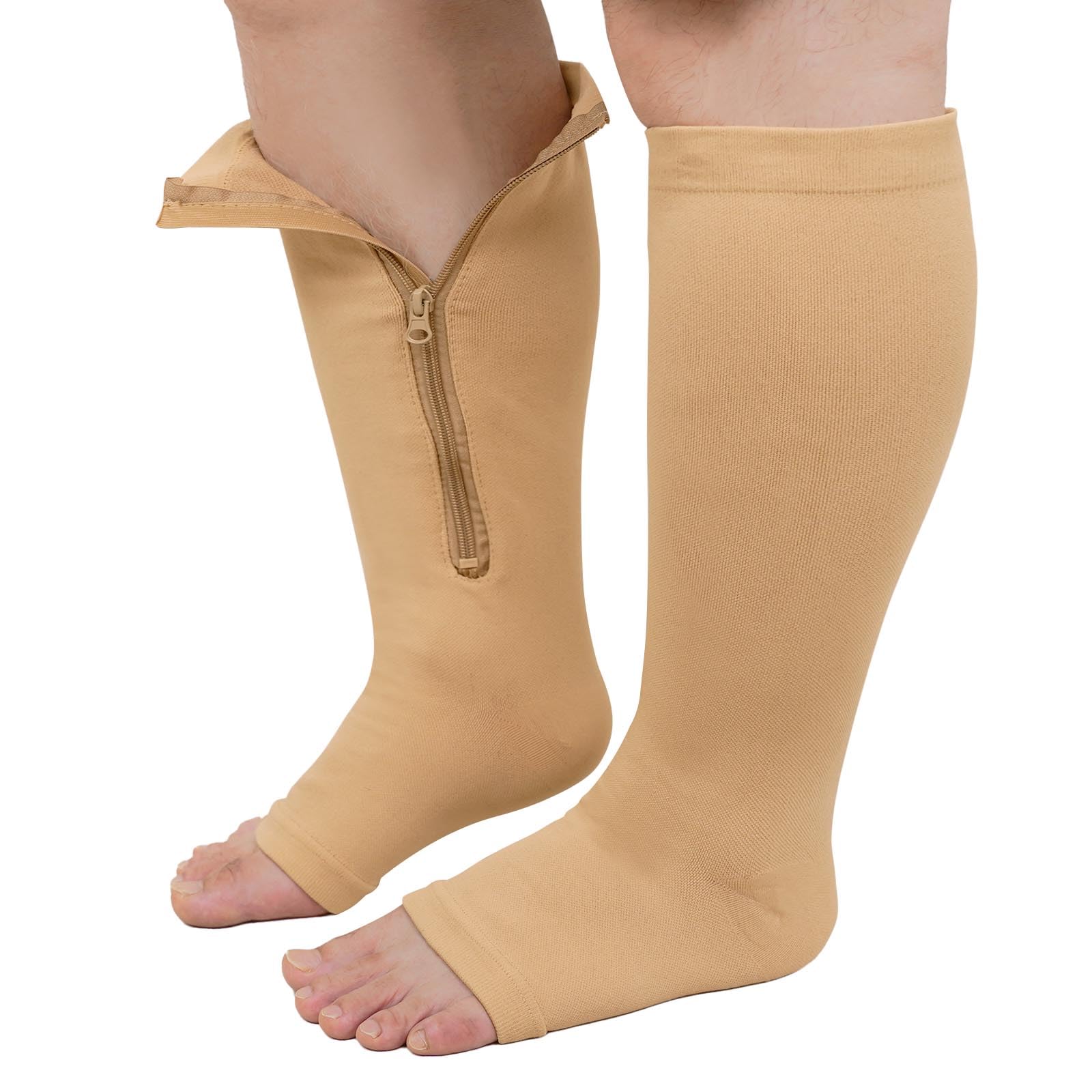 PUTUO Plus Size Compression Socks: Wide Calf Zip Flight Sock Women Men Extra Large Graduated Open Toe Support Stockings for Travel Beige 4XL 1Pairs