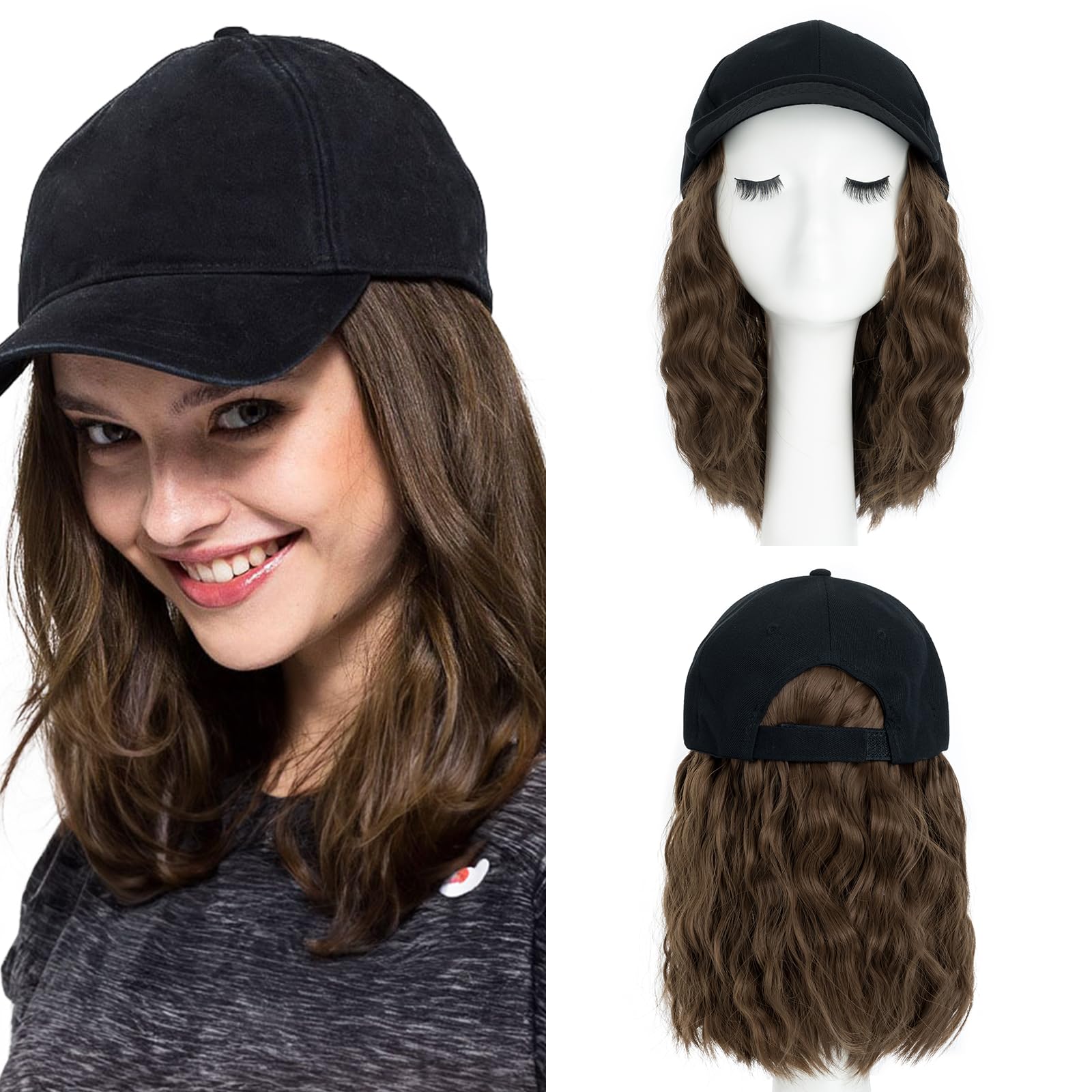 8 Inch Baseball Cap With Hair Extensions BOB Synthetic Hair With Attached Black Hat With One Piece Hair Extensions For Women - Ash Brown — image 1