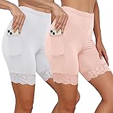 H HIAMIGOS Slip Shorts for Under Dresses Anti Chafing Elastic Underwear Lace Shorts for Women 2Pack White/Pink