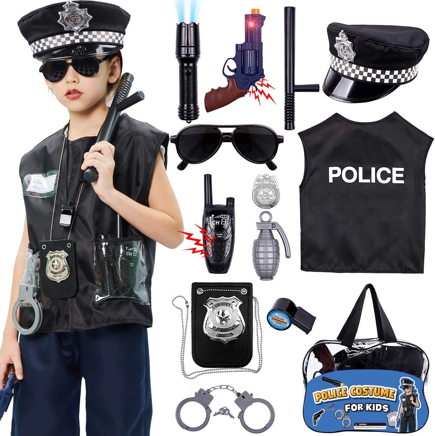 Tacobear Police Costume Kids with Police Pretend Play Accessories Police Equipment Police Vest Cap Badge Sunglasses Baton Handcuff Police Toys Role Play Costume Accessories Kids Boys