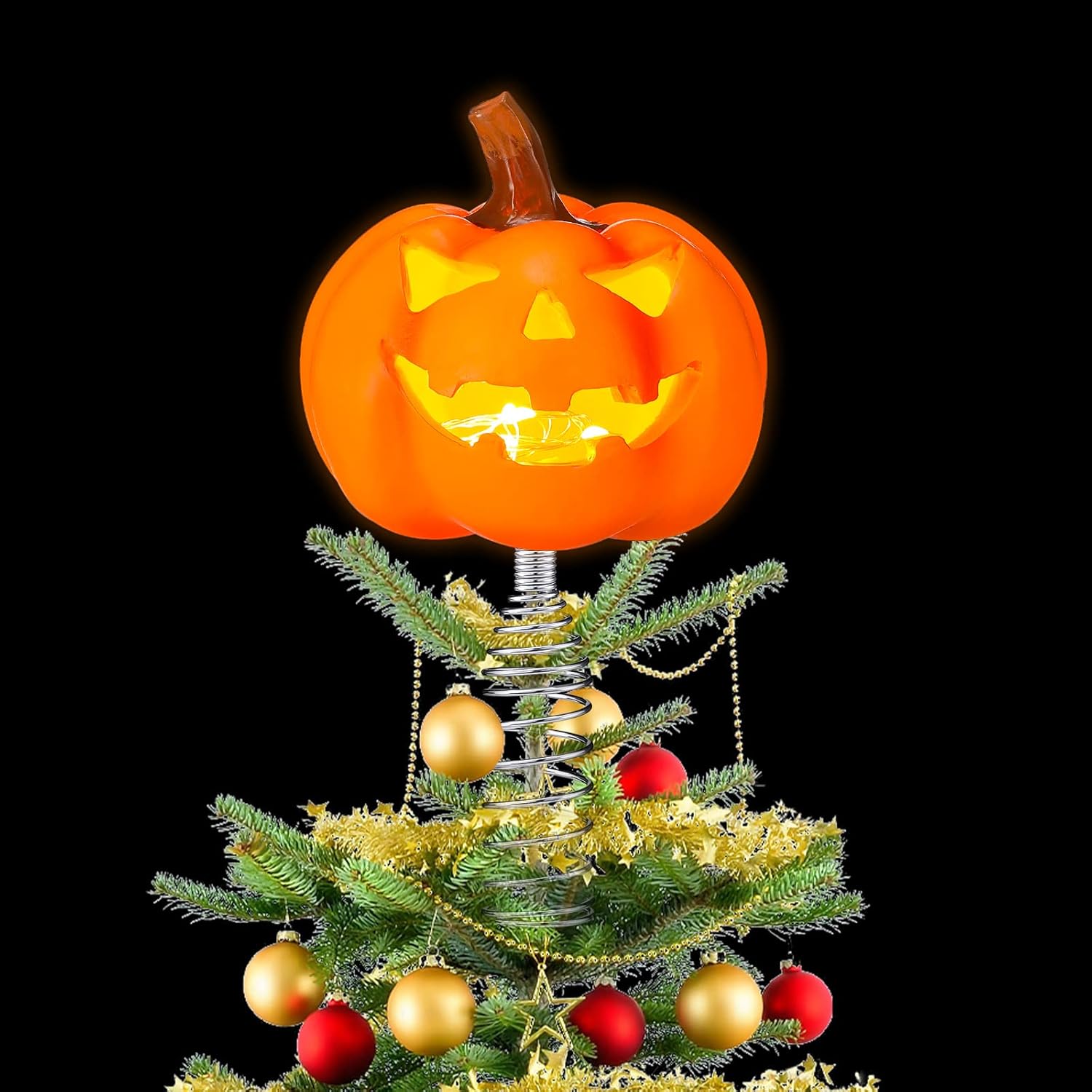 Tree Toppers - Vicenpal Halloween Tree Topper Pumpkin Halloween Ornaments Pumpkin Ornament Tree with Lights 3.9 Inches LED Halloween Decorations for Trees Outdoors Tabletop Decoration, Battery Include (Retro Style)
