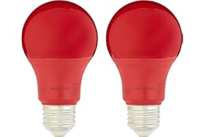 Amazon Basics A19 Red Color Party LED Light Bulbs, 60 Watt Equivalent, Energy Efficient 9W, E26 Standard Base, Non-Dimmable, 10,000 Hour Lifetime, 2-Pack