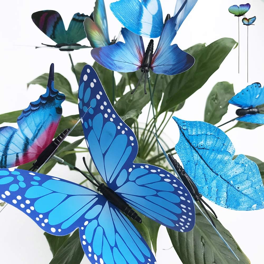 Decorative Garden Stakes - V-Time 24pcs Garden Butterfly Decorations Outdoor Waterproof Butterfly Stakes Ornaments for Indoor/Outdoor Yard/Christmas Patio Plant Pot Flower Bed Home Decoration (Blue)