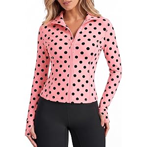 Aoysky Womens Zip Up Workout Jackets Polka Dot Yoga Athletic Cropped Tops | Retro polka dot print, slim fit, thumb hole cuffs