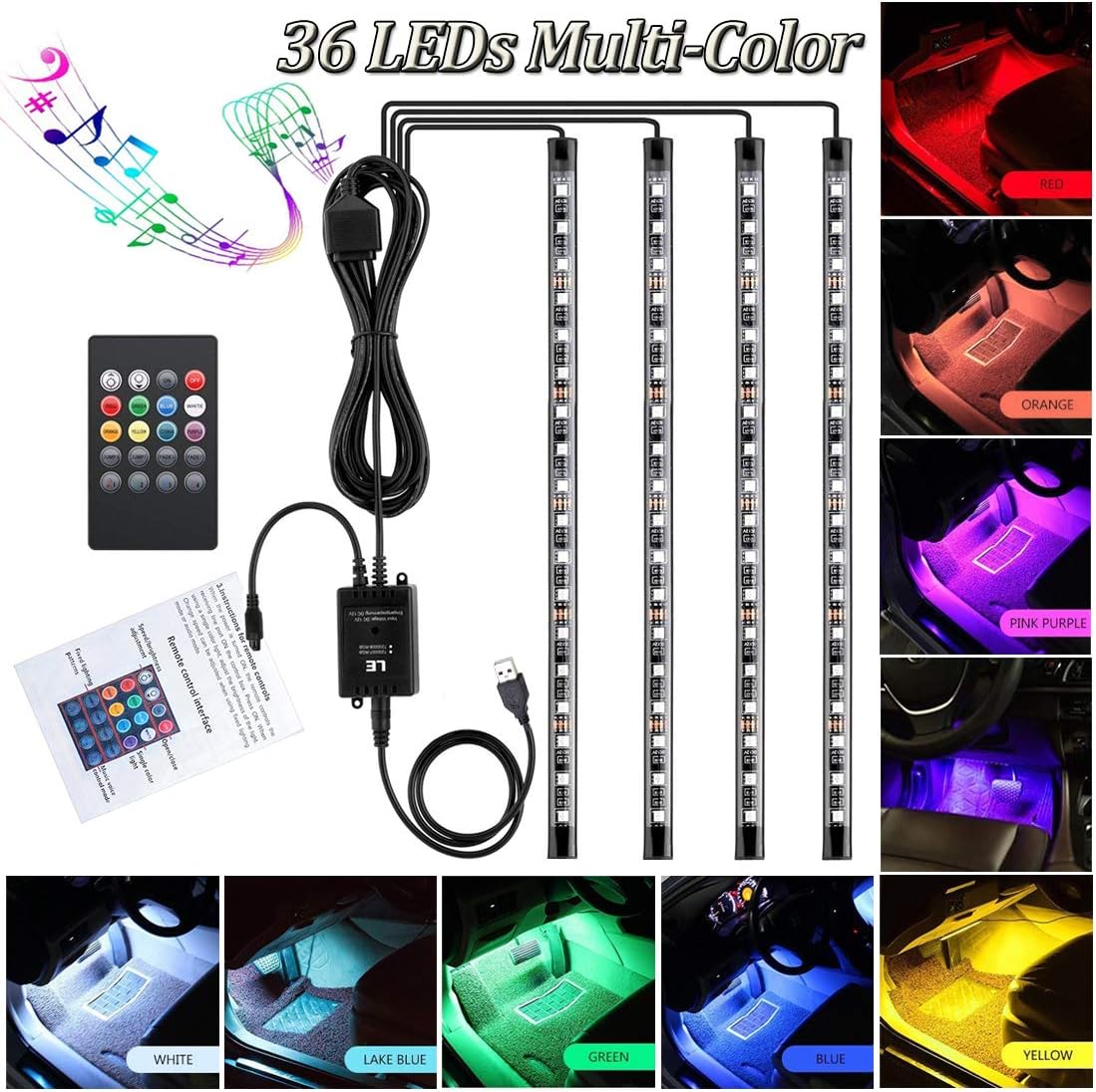 LEDMIRCY Car LED Strip Light USB 4PCS 36LEDs Car LED Footwell Interior