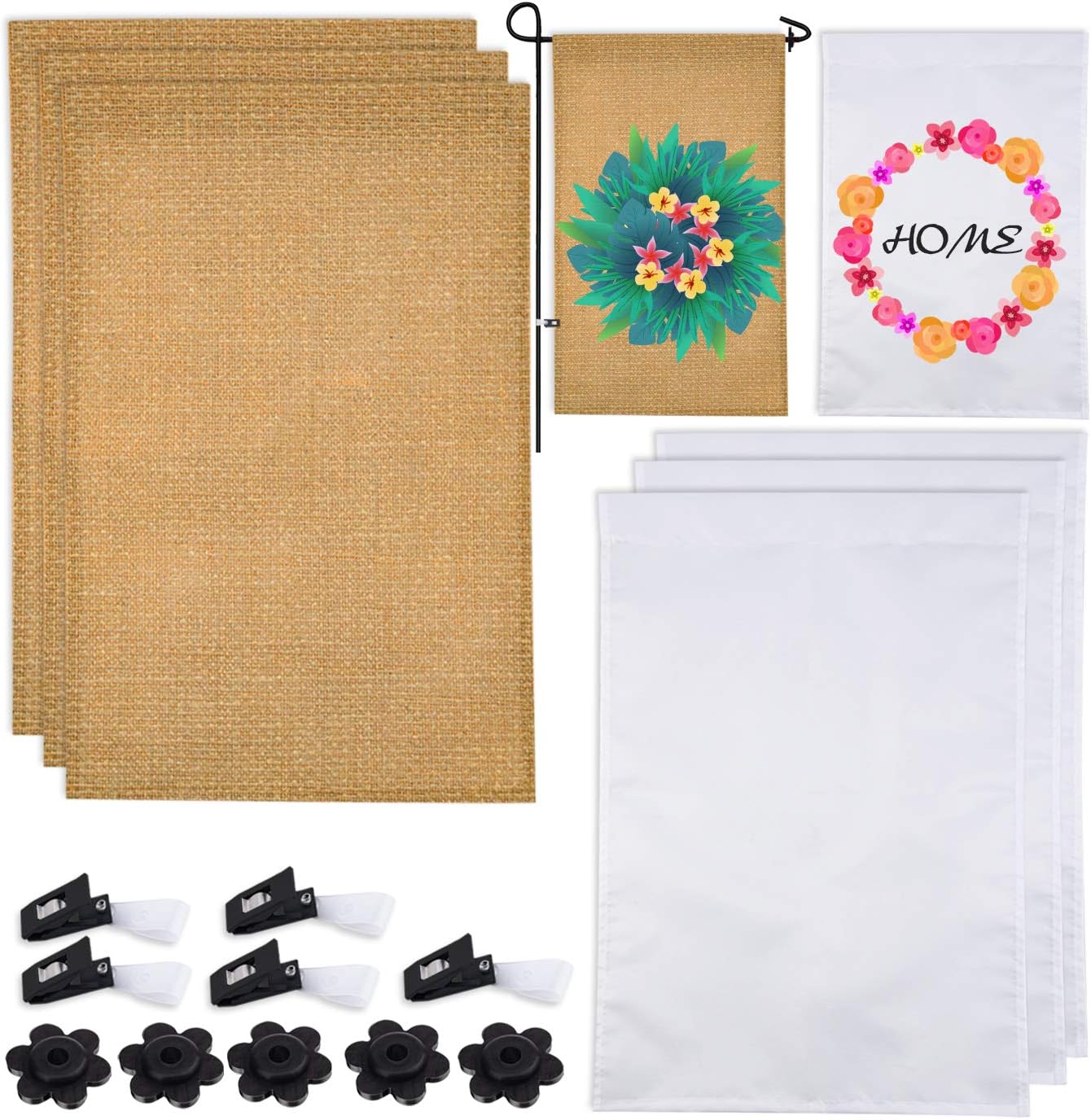 WXJ13 6 Pcs DIY Blank Garden Flags and Burlap Garden Flag with 5 Pairs Anti-Wind Clips for Outdoor Patio Garden Yard Decorate Single Side, 18 × 12 Inch