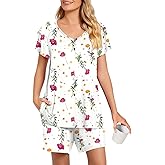 Aodemo Womens Summer Pajama Sets Ruffle Short Sleeves Sleepwear 2 Piece Pjs Lounge Short Pants with Pockets