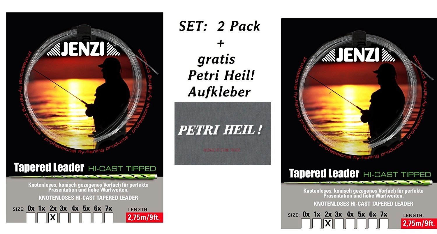 Jenzi Set: 2 Pack Tapered Leader Fly Leader 2X/0.22/0.44 + Free Petri Heil! Sticker