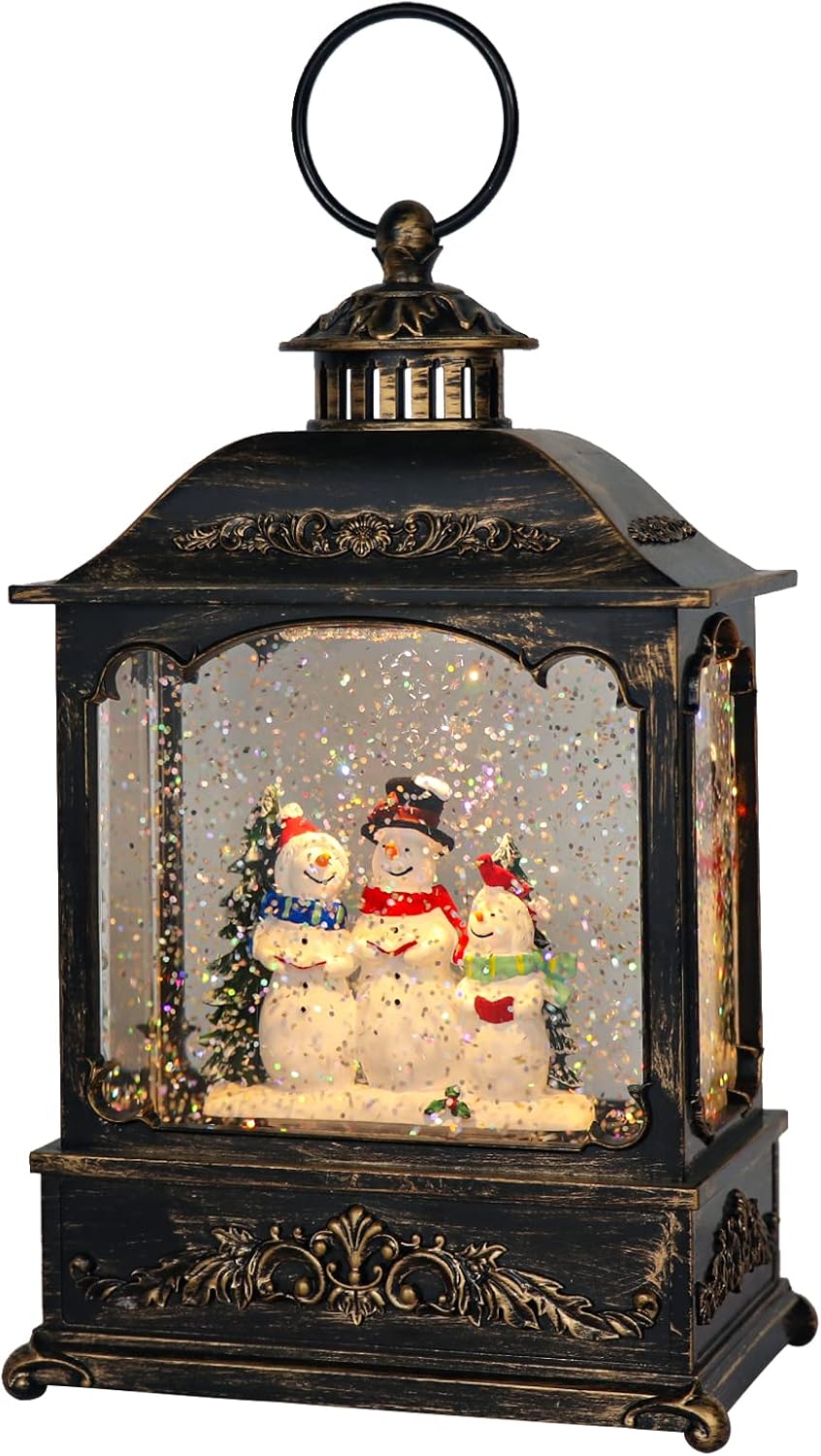 Snow Globes - GenSwin Musical Snowman Snow Globe Lantern with 6 Hour Timer, Battery Operated & USB Powered Singing Spinning Water Glittering Snow Globe Lantern Christmas Home Decoration Gift(9.6”,3 AA)