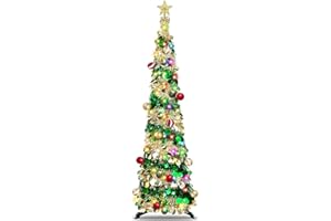 TURNMEON [Timer & 8 Modes] 6 Ft Lighted Slim Christmas Tree Happy New Year 2025 with 100 Warm White & Multicolor Changing Lights Battery Powered Big 3D Star,Tinsel Pop Up Holiday Decoration