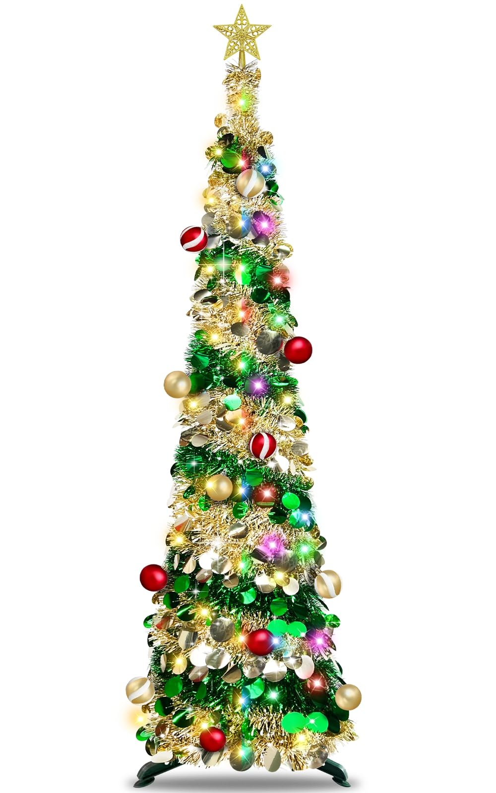 Photo 1 of [Timer & 8 Modes] 6 Ft Lighted Slim Christmas Tree Happy New Year 2025 with 100 Warm White & Multicolor Changing Lights Battery Powered Big 3D Star,Tinsel Pop Up Holiday Decoration
