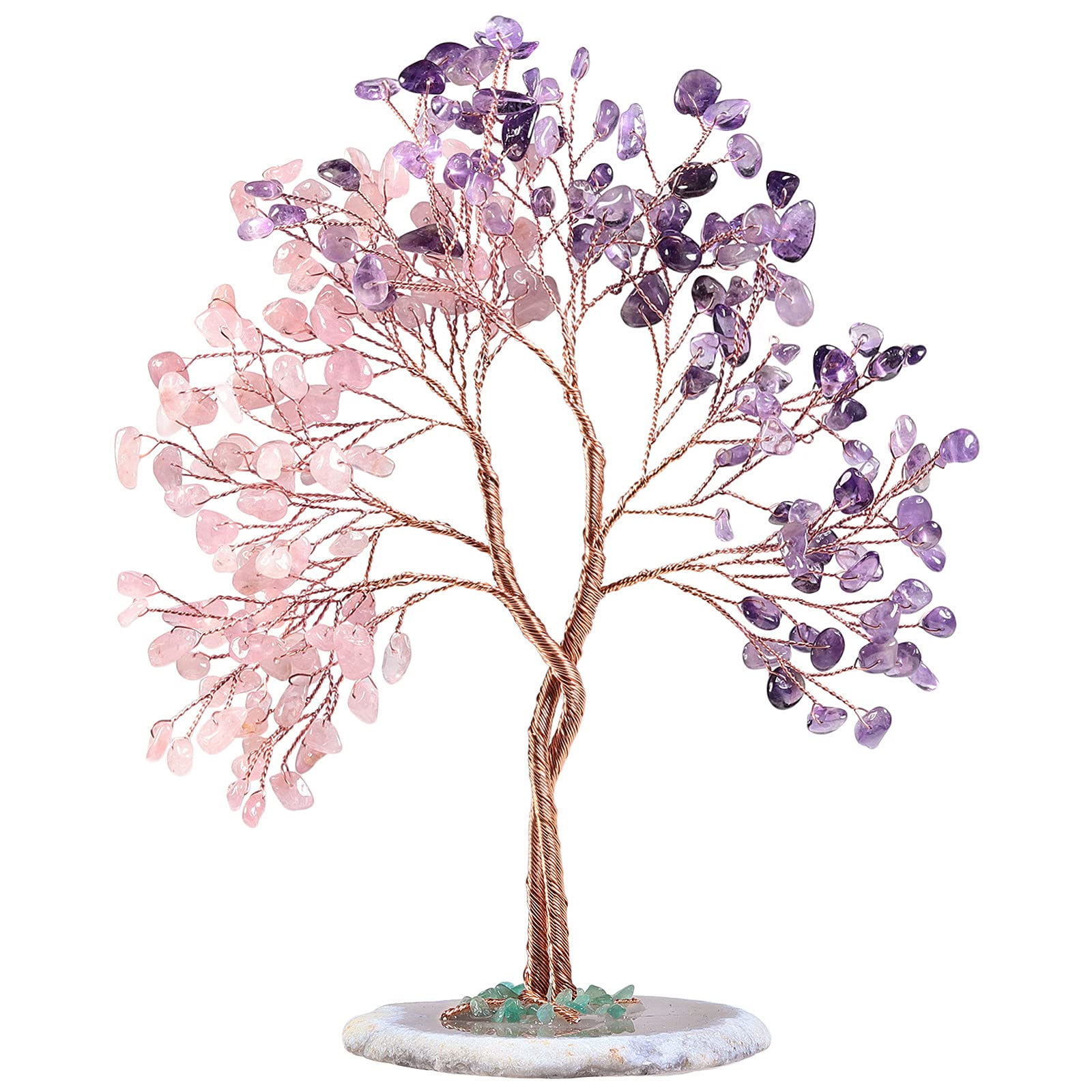 Nupuyai Amethyst & Rose Quartz Twining Crystal Money Tree with Agate Slice Base, Love Stone Tree Ornament Fengshui Figurines for Home Office Wedding Decor