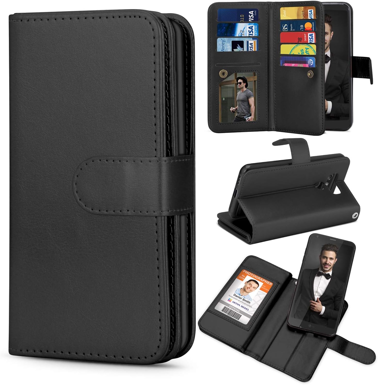TILL for LG G6 Case, TILL LG G6 [PU Leather] Flip Wallet Case [Cash & Card Slot Holder] [Kickstand] Detachable Magnetic Folio Protective Case Cover [Black]