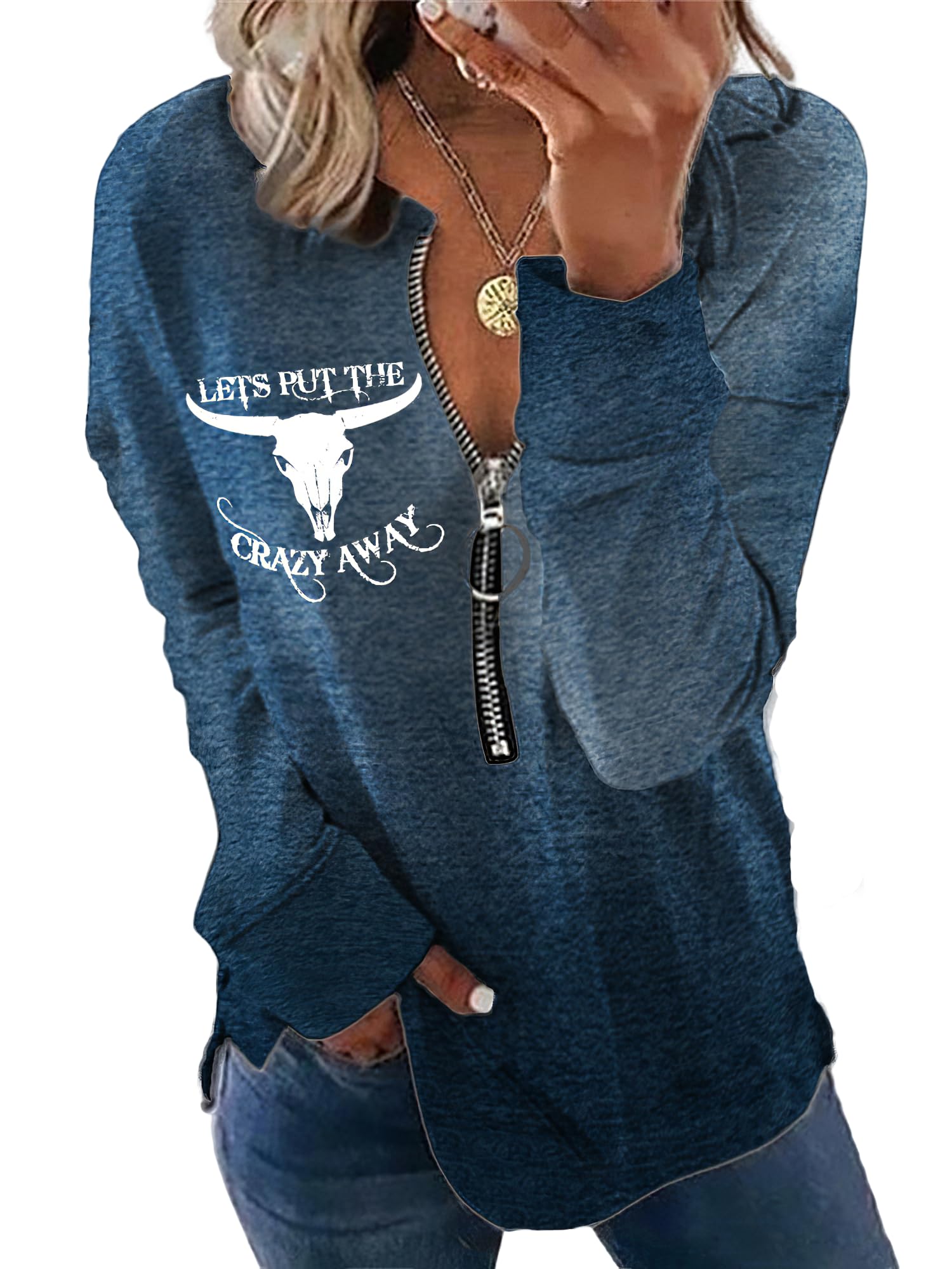 TIAFORD Women's Half Zip Cow Print Sweatshirt Long