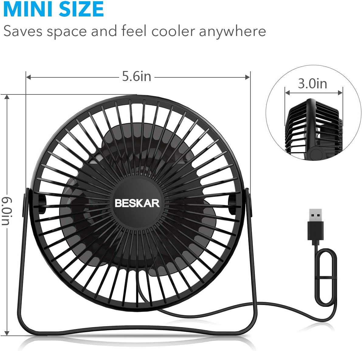 BESKAR USB Small Desk Fan - 6 Inch Portable Fans with 3 Speeds Strong Airflow, Quiet Operation and 360°Rotate, Personal Table Fan for Home,Office, Bedroom - 3.9 ft Cord: Home & Kitchen
