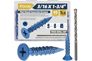 Krysay 95Pcs 3/16 x 1-3/4 in Concrete Screws with Drill bits,Masonry Screws for Concrete Assortment Kit,Flat Head Block Cement Stacoo Screws and Anchors,Diamond Point,Blue Coated(1LB)