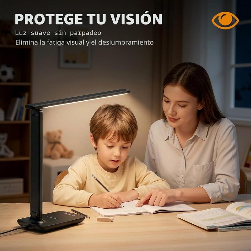 Lámpara de Escritorio LED con Puerto USB, Control Táctil, Luz Protectora Ocular, 5 Modos de Color y 5 Niveles de Brillo, Ideal para Dormitorio, Estudio y Mesita de Noche (Negro)